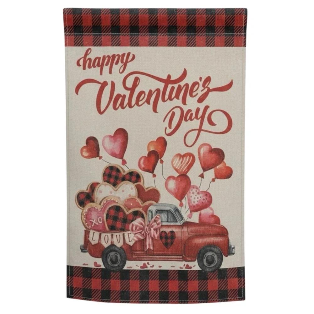 Briarwood Lane Happy Valentine’s Day House Flag Red Truck Hearts 28x40 Plaid